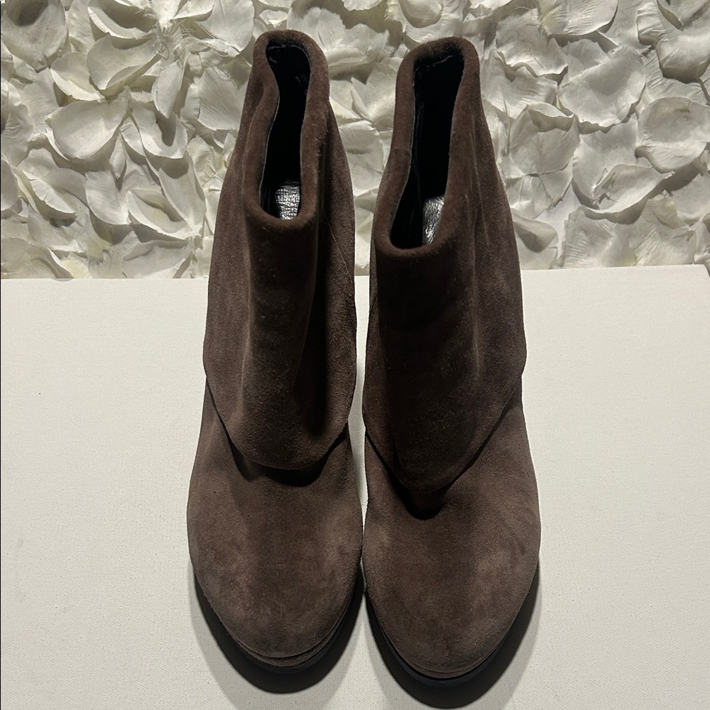 Ash Brown Suede Ankle Booties — Pointed Toe